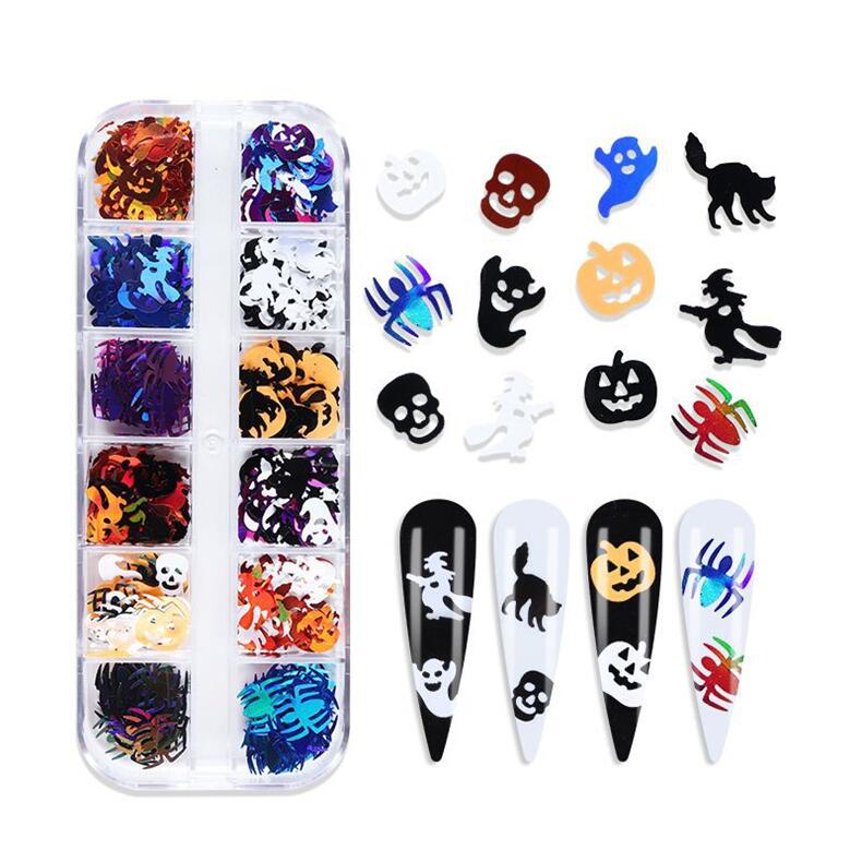 12 lentejuelas de uñas fantasma de calavera 3D de rejillas