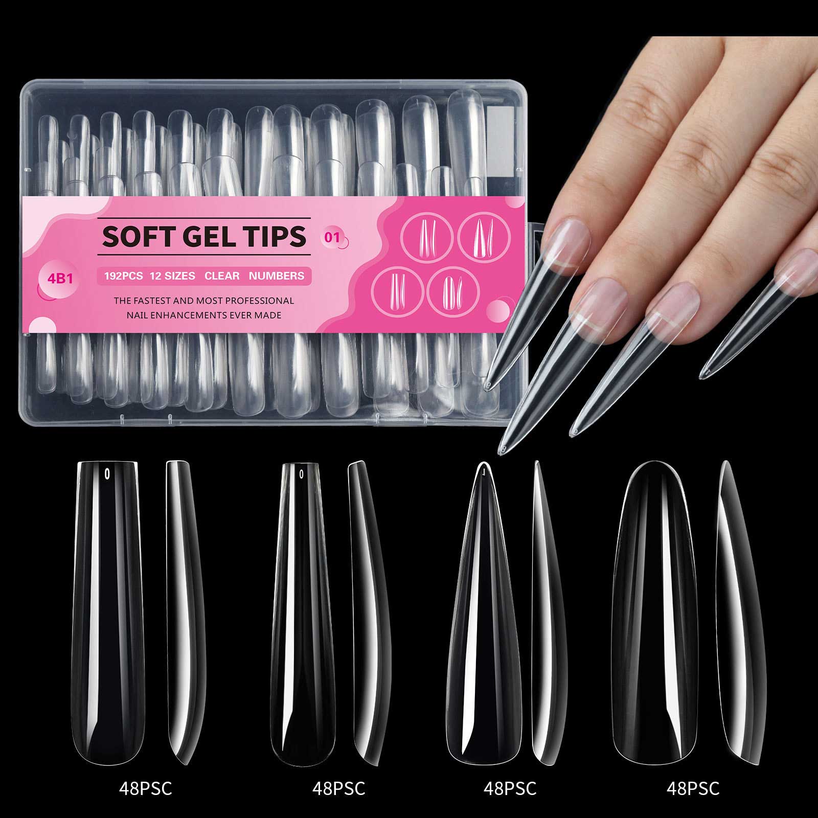 Puntas de uñas de ataúd-midium de cubierta completa transparente 4 en 1